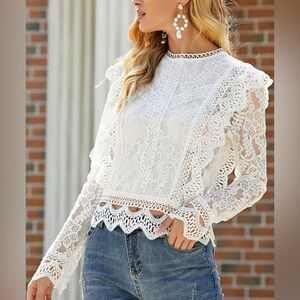 Flattering Lace Cropped back zip long sleeve mockneck defined ruffle shoulders